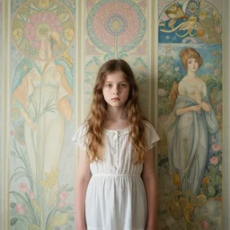 a young beautiful girl in front of a wallpaper by ernst haeckel, daguerreotype by edward hopper, by henri rousseau, by Bosch, art noveau, highly detailed, strong lights, liminal, eerie, Bright pastel colors, octane render, 8k,