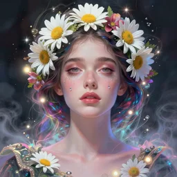 daisy edgar - jones, portrait, colorful and vibrant majestic, royal, open wide eyes, drops of tear with flowers on her hair, glowing light orbs, intricate concept art, elegant, digital painting, smooth, sharp focus, ethereal opalescent mist, outrun, vaporware, cyberpunk darksynth, ethereal, ominous, misty, 8 k, by ruan jia and miho hirano, rendered in octane