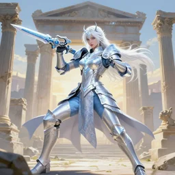 white hair knights of zodiac girl matt white ice color armor, dueling, kickboxing, battle stance, wielding sci - fi melee weapons in ruined agora of athens sunrise, intricate and elegant, highly detailed, digital painting, artstation, concept art, smooth and sharp focus, illustration, art by tian zi and wlop and alphonse mucha