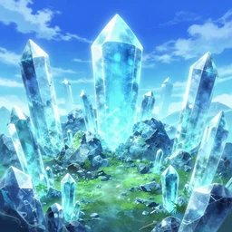 an enchanted anime inspired isekai crystals mines glowing ore, anime aesthetic, bright blue and cyan sky. by greg rutkowski, in the style of a grand adventure