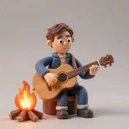 claymation man sitting, illuminated by a camp fire at night playing a guitar, 4 k, award winning, claymation