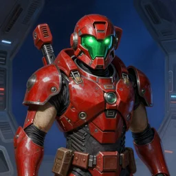 A soldier wearing red armor with green visor, high-tech red armor, green visor, green lights in the armor, sci-fi soldier, inside a space station, dark blue space station, dark blue moods, art by James Gilleard, James Gilleard artwork, vintage