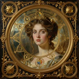 hyper realistic painting portrait of the lady of mirrors, occult diagram, elaborate details, rococo, classical, gothic, intrincate ornaments, gold decoration, caligraphy, occult art, illuminated manuscript, oil painting, art noveau, in the style of roberto ferri, gustav moreau, jean delville, bussiere, andrew gonzalez, jim harter