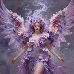 a colorful and provenance portrait painting of a fantasy angel with beautiful face and her huge vibrant and flowers wings spread out gracefully, purple and pink colors ， detailed, highly detailed, hair made of hair made of air wind and curling smoke, mist, dust, genie, flowers, flower, spirit fantasy concept art ， art by charlie bowater and aenami, trending on artstation.