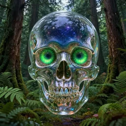 a clear glass skull floating in a rain forest floor, with ferns and large cedar trees, beautiful green eyes reflecting a sky full of a billion stars, hyper realistic, fractalart, art stati on, coherent design, symmetrical, vivid color, complementary color, golden ratio, detailed, sharp lines, intricate, rainbow shift, in unreal 3 d engine, nvidia optix, ray tracing, octane render