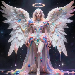 a suited angel spirit being, covered with pastel glitter glue slime, fashion model pose, full body maximalist cosmic eldritch character design, early computer graphics