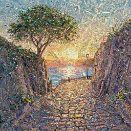 a lonely cobblestone street with a tree on a cliff over the sea at sunset, brightly illuminated by rays of sun, artstation, colorful sylvain sarrailh illustration, by peter chan, day of the tentacle style, low camera angle