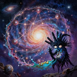 epic galaxy bender experiencing the quantum field, exploring consciousness, beautiful astrological neural network, bob ross matte painting and tim burton comic book art, realistic, trending on artstation, sharp focus, depth of field, cinematic composition, physics splashes of colors, octane render, unreal engine