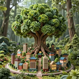 a miniature city built into the trunk of a single colossal tree in the forest, with tiny people, in the style of feng zhu, lit windows, close - up, low angle, wide angle, awe - inspiring, highly detailed digital art