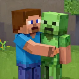 a minecraft steve giving a hug to a minecraft creeper, oil on canvas