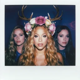 beautiful female character inspired by iceland and floral headdress mariah carey pagan wiccan viking antlers headdress full face creative portrait polaroid damaged | | digital artwork made by greg rutswork, anna dittmann and lois van barlee, symmetrical neon light, anatomically correct