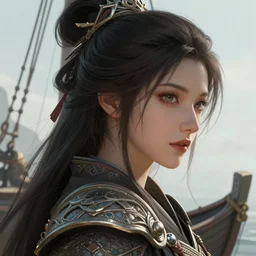 A beautiful female warrior posing on a boat, perfect face, highly detailed face, close-up, fantasy woman, fantasy art, in the style of greg rutkowski, illustration, epic, fantasy, intricate, hyper detailed, artstation, concept art, smooth, sharp focus, ray tracing, profile shot