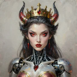 attractive demon queen robot with crown and red eyes, painting by gaston bussiere, craig mullins, luis rollo, torso portrait, digital painting, highly detailed, artstation, sharp focus, illustration, concept art, hd