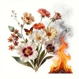 flowers fire and smoke, surrealistic collage art