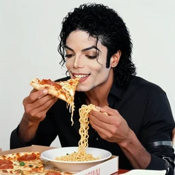 Michael Jackson smiles an eats pizza and ramen