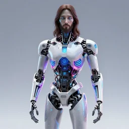 jesus christ cyborg, futuristic, neon, vaporware, artstation hq, hyper realistic, 3 d render