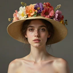 a candid portrait of a a female wearing a hat with flowers on top, summer bloom, au naturel, hyper detailed, digital art, trending in artstation, cinematic lighting, studio quality, smooth render, unreal engine 5 rendered, octane rendered, art style by klimt and nixeu and ian sprigger and wlop and krenz cushart