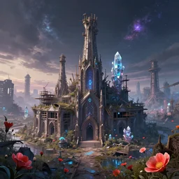 a beautiful very detailed illustration of industrial architecture abandoned architecture unfinished building church city by tom wright, galactic fisheye nature at spring steampunk neon noir apocalyptic tundra at dawn elysian reclaimed by nature postcyberpunk poppy fantasy crystal tron, archdaily, wallpaper, highly detailed, trending on artstation.