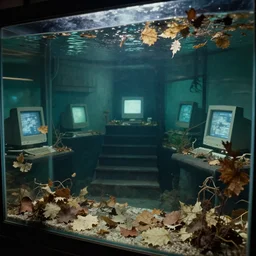 spooky creepy liminal space, display case, aquatic exhibition science museum, dried aquarium, leaves, computer screens, backroom stairs going down under water, photo taken on 1 9 8 0 s fujifilm superia