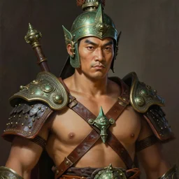 tai warlord, closeup portrait, historical, ethnic group, traditional costume, bronze royal thai headset, leather shoulder armor, fantasy, intricate, with tai bronze artifacts, leather armor cross onbare chest, elegant, loin cloth, highly detailed, oill painting, artstation, concept art, matte, sharp focus, illustration, hearthstone, art by earl norem