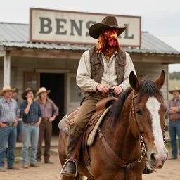 a chicken with a cowboy hat on riding on a horse in front of a general store with onlookers staring in disbelief in the old west - n 9