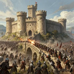 army defending stone bridge of a castle from a large attacking force, digital art, 4 k, epic, intense, medieval, intricate, battle, armies clashing, medieval warfare, castle, greg rutkowski, joeri lefevre, max prodanov, trending on artstation