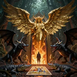 inside the fantasy forest in fire, brutalism temple, scene from the movie, angel god mythology, gold, wings, winds, black dragon - alligator, tarot card, by oga kazuo & peter mohrbacher & anato finnstark, high quality, door hell