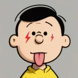 portrait of a man with tongue out, red lightning tattoo on left eye, by charles schulz