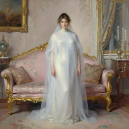a renaissance oil painting by Alma Tadema of a ghost woman inside an intricately decorated living room, pastel color scheme, digital painting, high detail