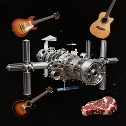 a space station made from metal , guitars and meat on the background of deep space, matte painting with photorealistic elements pasted in, high contrast, could be art by Dali