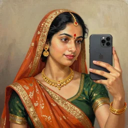 a portrait of a lady using iphone and cliking selfie, painting by raja ravi verma