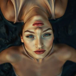 close up of face of fashion model floating in water of a stream, lying, top view, prada dress, official harper's bazaar editorial, highly detailed