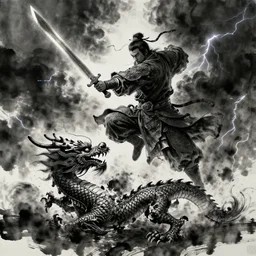 ancient ink painting of a chinese warrior in clothes with a broadsword jump and hit the chinese dragon down hard, dark cloud and lightning on the grounddramatic lighting, cg, whole body, extremely detailed, octane render, 8 k, sophisticated