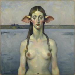 expressive distorted bust portrait of a woman with long neck, big ears and a small head, standing on a lake, oil painting, impasto, muted colors, artwork by arnold bocklin