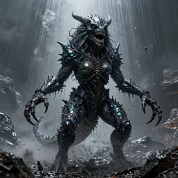 pearlescent black lilith! the mother of all monsters!!, covered in iridescent glitter!!, raining ash, fine art masterpiece, highly detailed dino valls wayne barlowe machiej kuciara, dramatic lighting, long shot, low angle, uhd 8 k, sharp focus