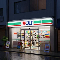 photo of a japanese convenience store at night in the rain, small street, rendered in octane, highly detailed, award winning