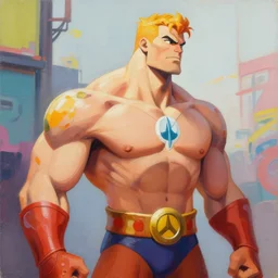greg manchess portrait painting of gorgeous he - man the master of the universe as overwatch character, medium shot, asymmetrical, profile picture, organic painting, sunny day, matte painting, bold shapes, hard edges, street art, trending on artstation, by huang guangjian, gil elvgren, ruan jia, greg rutkowski, gaston bussiere