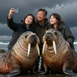 photo of people taking selfie with walrus, photorealistic, detailed, hyperrealistic