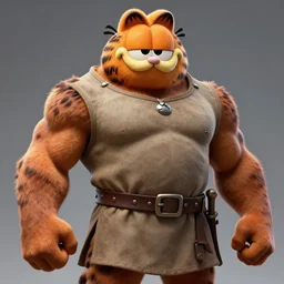 realistic photograph of garfield. imposingly tall, broadshouldered, jacked muscular. dark complexion. modest practical medieval ranger clothing. fully dressed. massively jacked physique, robust build, swole. streak in hair.
