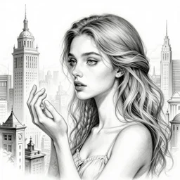 a sketch drawing, ultra detailed, weird, atcurious, magic, love, beautiful woman, surreal city, in style of jean - michel basquiat, trending on artstation