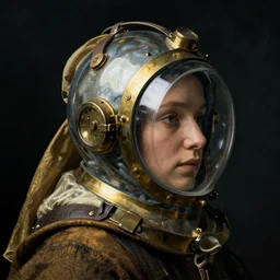 a woman's face in profile, wearing a glass diving helmet with brass controls and a cloak, in the style of the dutch masters and gregory crewdson, dark and moody