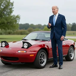 joe biden standing next to a mazda miata mx - 5, detailed photo