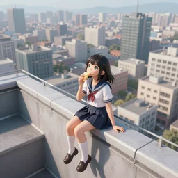 1. girl sitting on a rooftop, 2. cute kawaii girl, 3. wearing skirt and high socks, 4. having a snack, 5. looking up, 6. magic eyes, 7. digital art, 8. concept art, 9. best of 2023 on artstation style, 10. simulation, 11. structure, 12. fine, 13. wide angle, 14. natural light, 15. volumetric, 16.behind is a large scale city