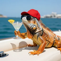 an iguana wearing sunglasses on a boat. the boat is a yacht, and the iguana is sipping on a martini. it's sunny out and he is wearing a red hat.