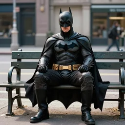 color film still, batman sitting on the bench, street, day, automorphic light. ; the dark knight ( 2 0 0 8 )