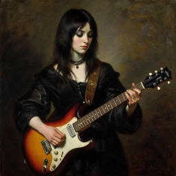 Goth girl playing electric guitar by Mario Testino, oil painting by Tintoretto