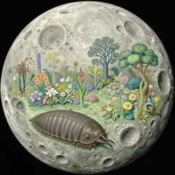a landscape on the moon with many craters, giant woodlouse, a beautiful flowering garden, a lot of exotic vegetations, trees, intricate detaild, pale colors, 8 k, in the style of martin johnson heade and roger dean