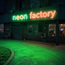 a sidewalk covered in green slim in front of a neon sign factory with a lit neon sign saying'neon factory ', green bubbles float through the air