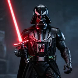 darth vader fused with venom holding a red lightsaber, hd photo, highly detailed