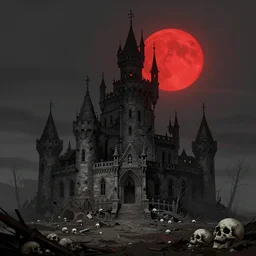 desolate castle surrounded by wastes and skulls against a dark sky with a red sun, trending on artstation, digital art ( by tomasz jedruszek ) ( by senfeng chen ) ( by lorenzo lanfranconi )
